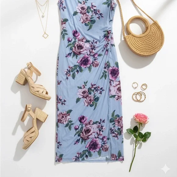 NWT Free People Always The One Mesh Midi Slip Dress S/P Blue Floral Ruched - Picture 8 of 9